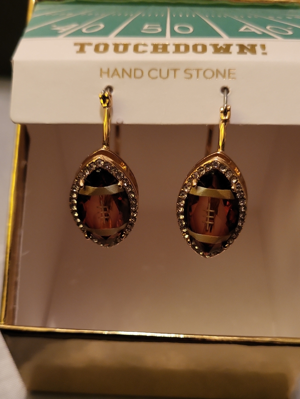 Football Gold-Tone Brown Faceted Hoop Earrings with Crystal Halo Bnib Ta